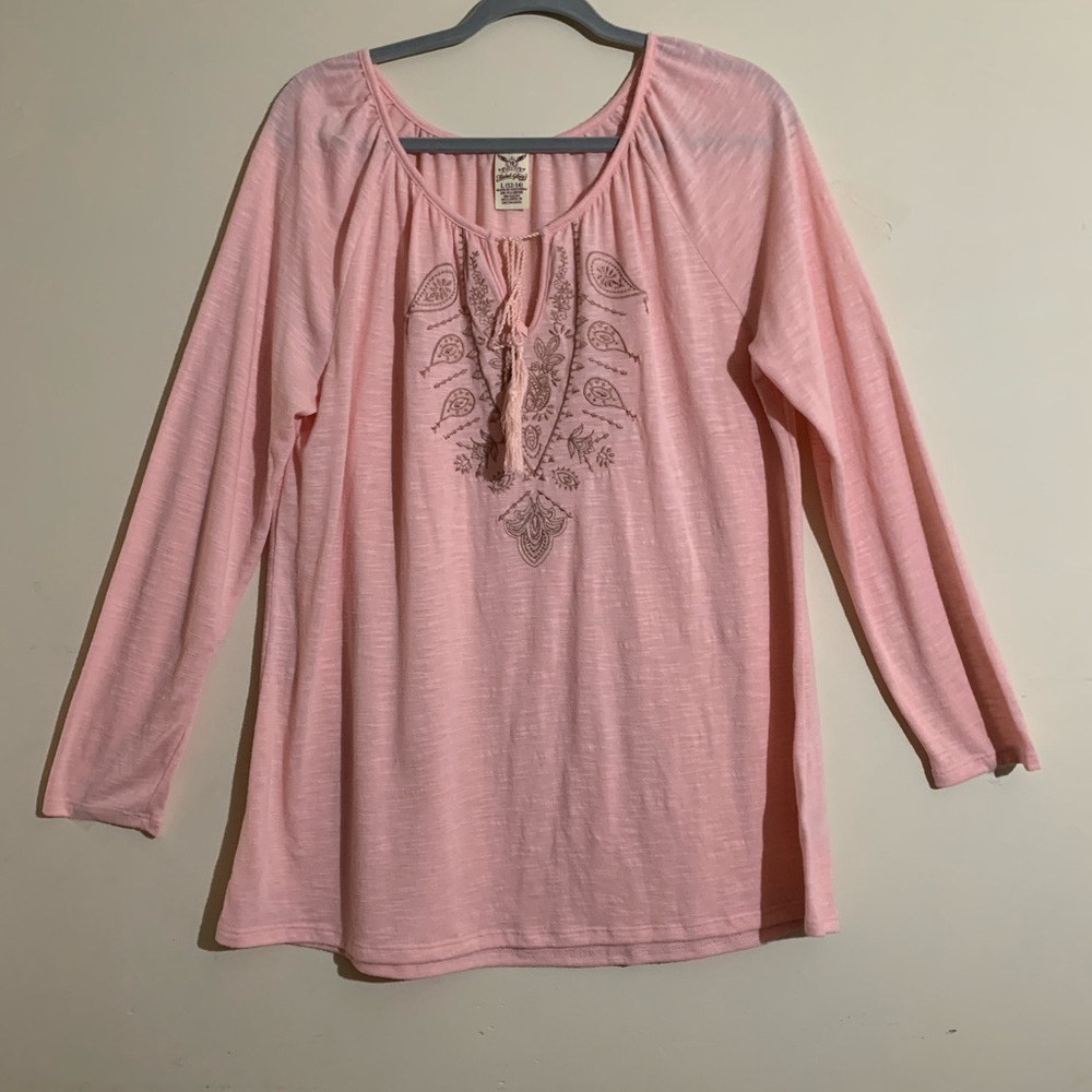 Faded Glory Light Pink  Embroidered Tie-Neck Tunic Size L
